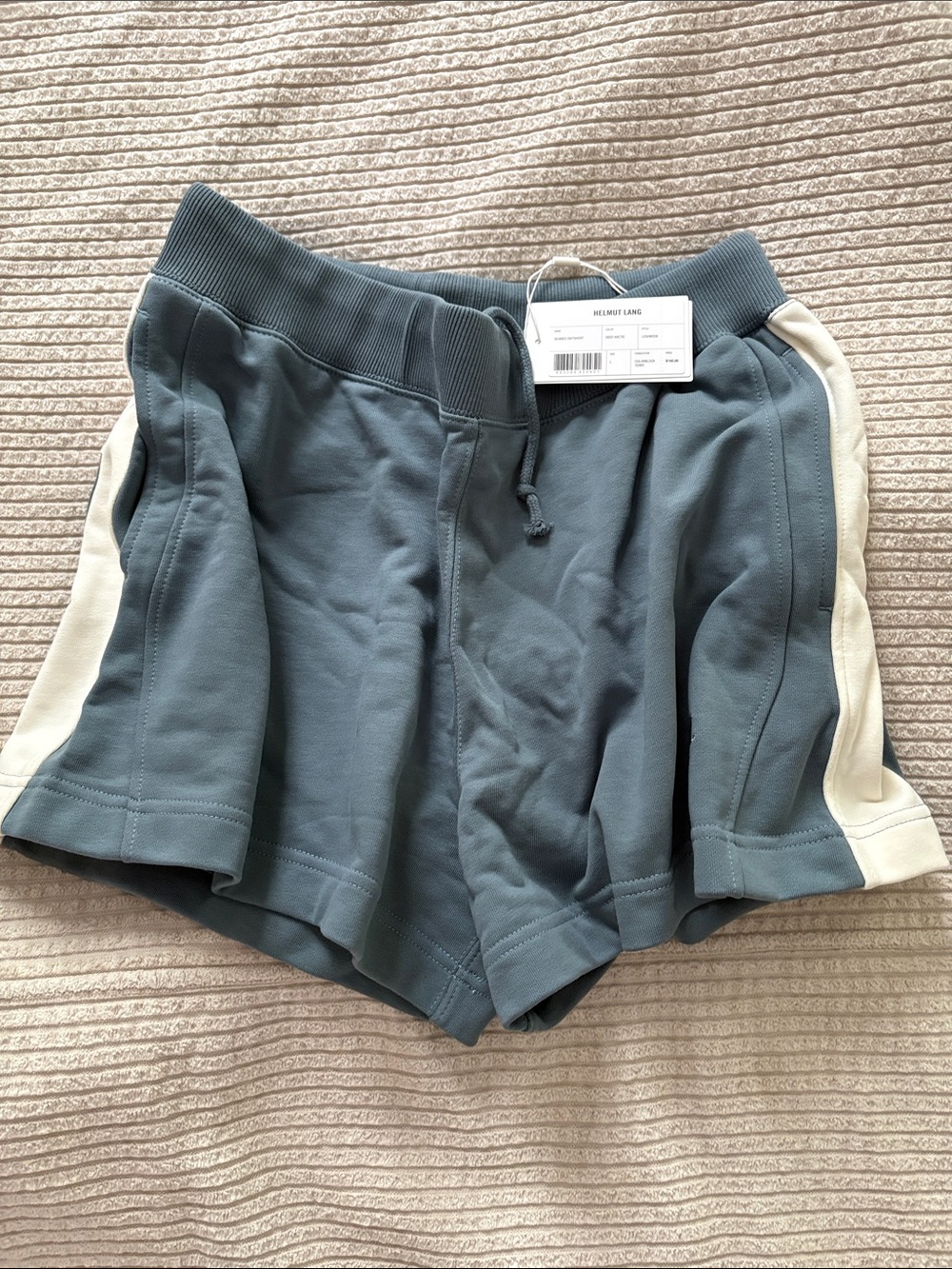NWT Helmut Lang Teal Athletic Cotton Shorts with Cream Side Panels L
